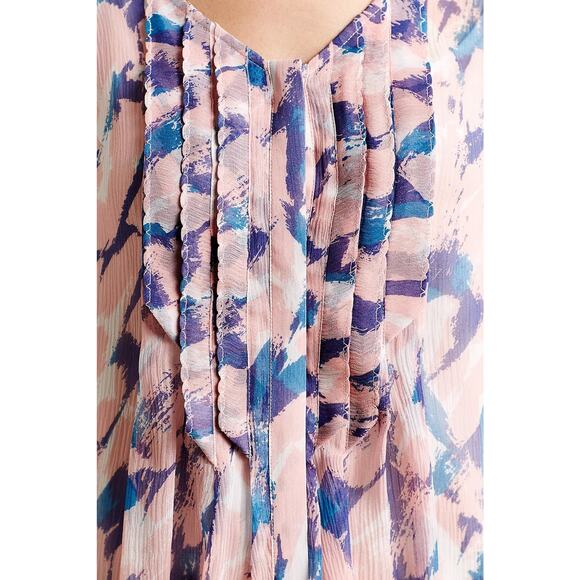 Anthropologie Maeve Pink Painted Sheer Silk Blouse Womens Size 12 Pleated Top - Picture 2 of 13